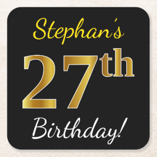 Black, Faux Gold 27th Birthday + Custom Name Square Paper Coaster
