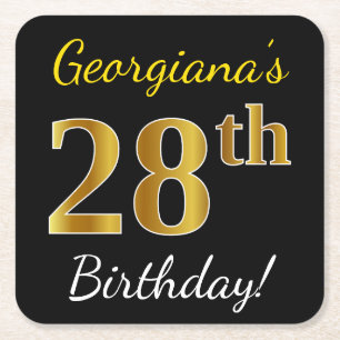 Black, Faux Gold 28th Birthday + Custom Name Square Paper Coaster