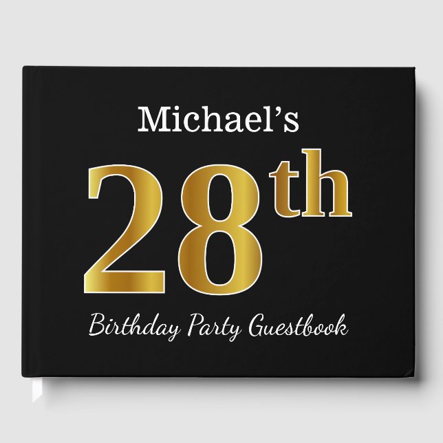 Black, Faux Gold 28th Birthday Party + Custom Name Guest Book (Front)