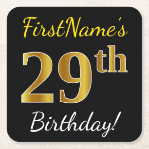 Black, Faux Gold 29th Birthday + Custom Name Square Paper Coaster