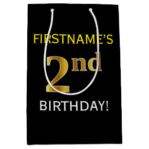 Black, Faux Gold 2nd Birthday + Custom Name Medium Gift Bag