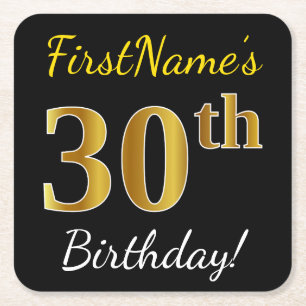 Black, Faux Gold 30th Birthday + Custom Name Square Paper Coaster