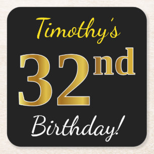 Black, Faux Gold 32nd Birthday + Custom Name Square Paper Coaster