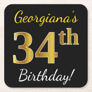 Black, Faux Gold 34th Birthday + Custom Name Square Paper Coaster