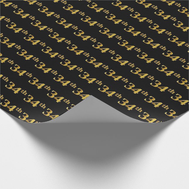 Black, Faux Gold 34th (Thirty-Fourth) Event Wrapping Paper (Corner)