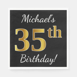 Black, Faux Gold 35th Birthday + Custom Name Napkin