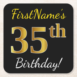 Black, Faux Gold 35th Birthday + Custom Name Square Paper Coaster