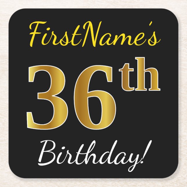 Black, Faux Gold 36th Birthday + Custom Name Square Paper Coaster (Front)