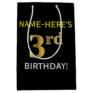 Black, Faux Gold 3rd Birthday + Custom Name Medium Gift Bag