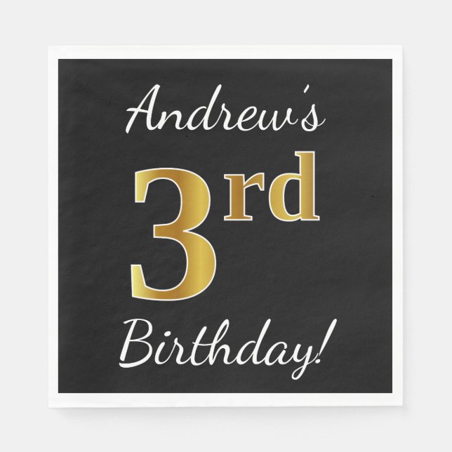 Black, Faux Gold 3rd Birthday + Custom Name Napkin (Front)
