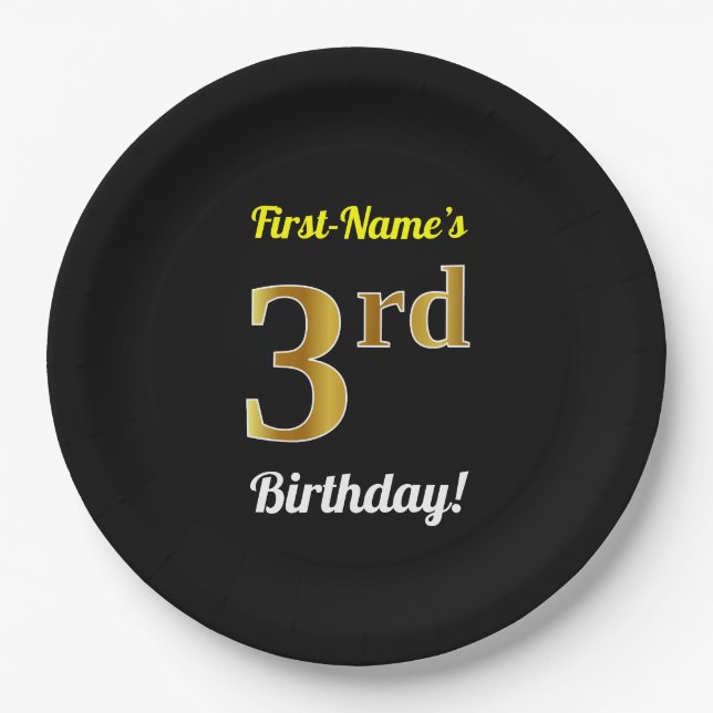Black, Faux Gold 3rd Birthday + Custom Name Paper Plate (Front)