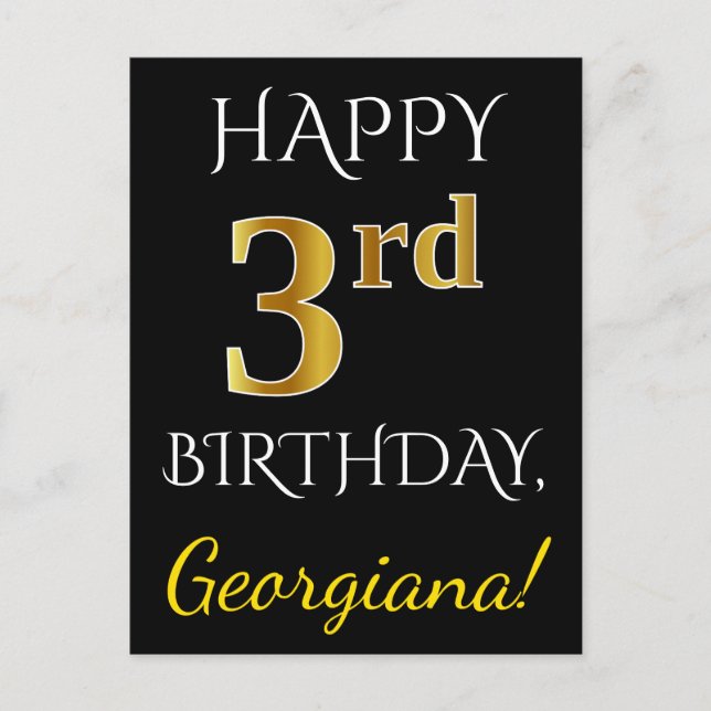 Black, Faux Gold 3rd Birthday + Custom Name Postcard (Front)