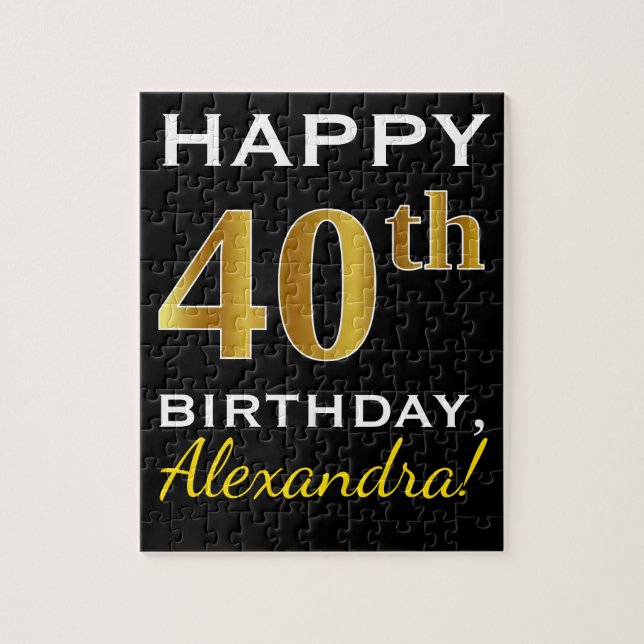 Black, Faux Gold 40th Birthday + Custom Name Jigsaw Puzzle (Vertical)
