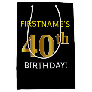 Black, Faux Gold 40th Birthday + Custom Name Medium Gift Bag