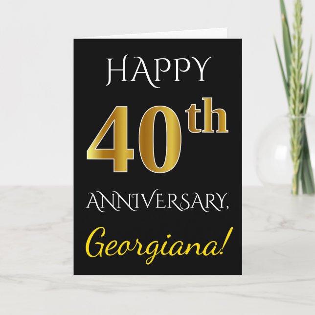Black, Faux Gold 40th Wedding Anniversary + Name Card (Front)