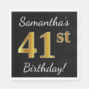 Black, Faux Gold 41st Birthday + Custom Name Napkin