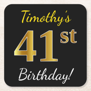Black, Faux Gold 41st Birthday + Custom Name Square Paper Coaster