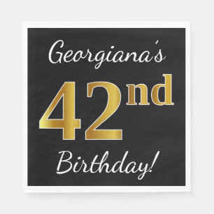 Black, Faux Gold 42nd Birthday + Custom Name Napkin