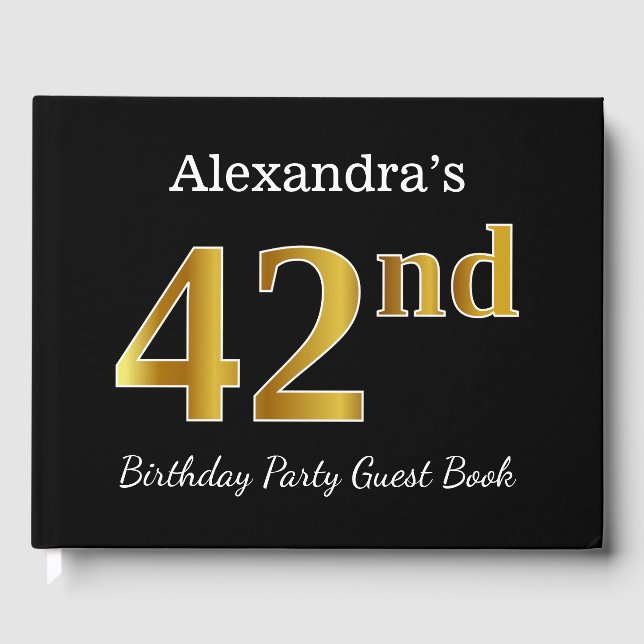 Black, Faux Gold 42nd Birthday Party + Custom Name Guest Book (Front)