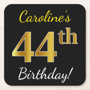 Black, Faux Gold 44th Birthday + Custom Name Square Paper Coaster