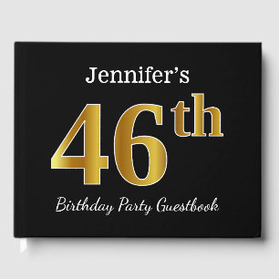 Black, Faux Gold 46th Birthday Party + Custom Name Guest Book