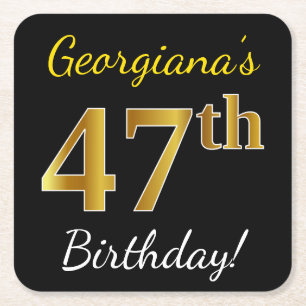 Black, Faux Gold 47th Birthday + Custom Name Square Paper Coaster