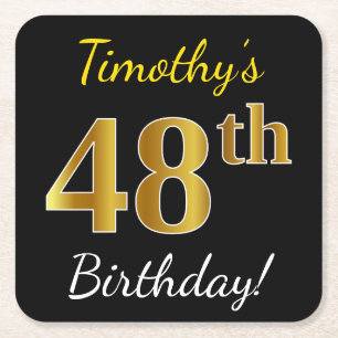 Black, Faux Gold 48th Birthday + Custom Name Square Paper Coaster