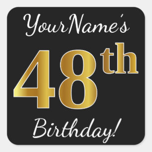 Black, Faux Gold 48th Birthday + Custom Name Square Sticker