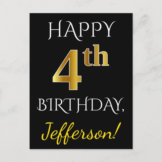 Black, Faux Gold 4th Birthday + Custom Name Postcard (Front)