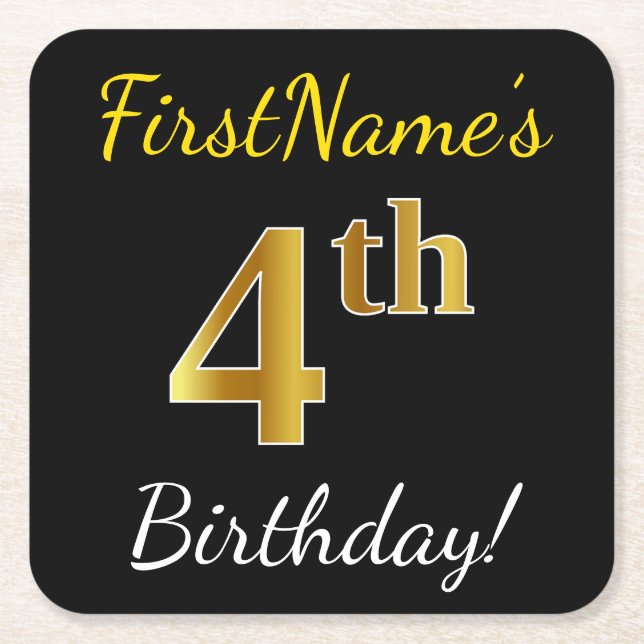 Black, Faux Gold 4th Birthday + Custom Name Square Paper Coaster (Front)