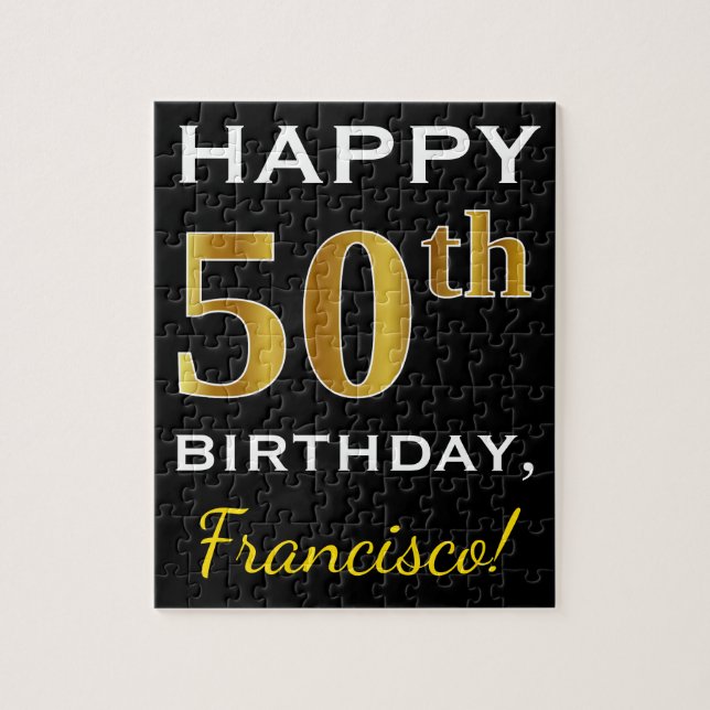 Black, Faux Gold 50th Birthday + Custom Name Jigsaw Puzzle (Vertical)