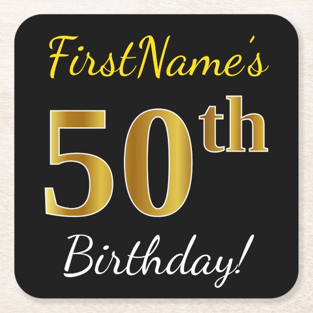 Black, Faux Gold 50th Birthday + Custom Name Square Paper Coaster (Front)