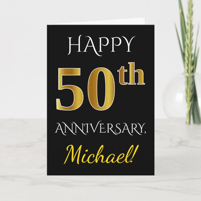 Black, Faux Gold 50th Wedding Anniversary + Name Card (Front)