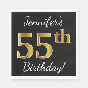 Black, Faux Gold 55th Birthday + Custom Name Napkin
