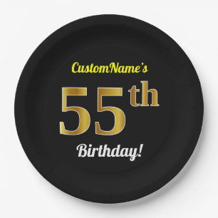 Black, Faux Gold 55th Birthday + Custom Name Paper Plate