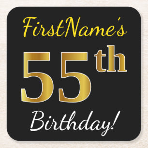 Black, Faux Gold 55th Birthday + Custom Name Square Paper Coaster