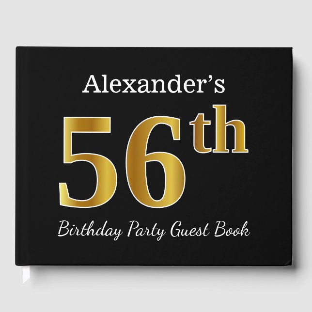 Black, Faux Gold 56th Birthday Party + Custom Name Guest Book (Front)