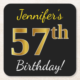 Black, Faux Gold 57th Birthday + Custom Name Square Paper Coaster