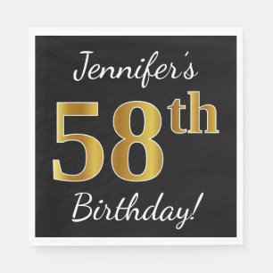 Black, Faux Gold 58th Birthday + Custom Name Napkin