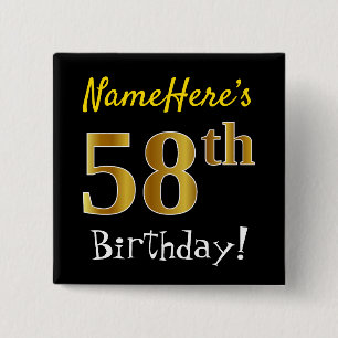 Black, Faux Gold 58th Birthday, With Custom Name 2 Inch Square Button