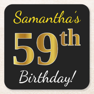Black, Faux Gold 59th Birthday + Custom Name Square Paper Coaster