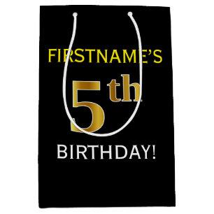 Black, Faux Gold 5th Birthday + Custom Name Medium Gift Bag