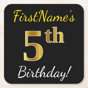 Black, Faux Gold 5th Birthday + Custom Name Square Paper Coaster