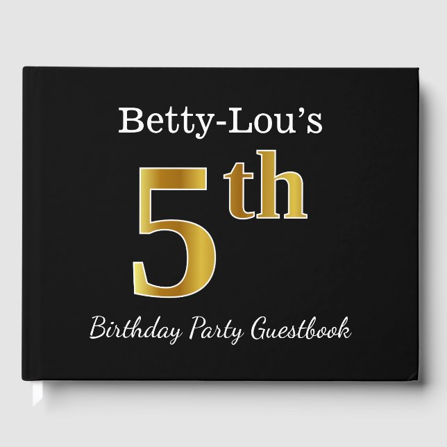 Black, Faux Gold 5th Birthday Party + Custom Name Guest Book (Front)
