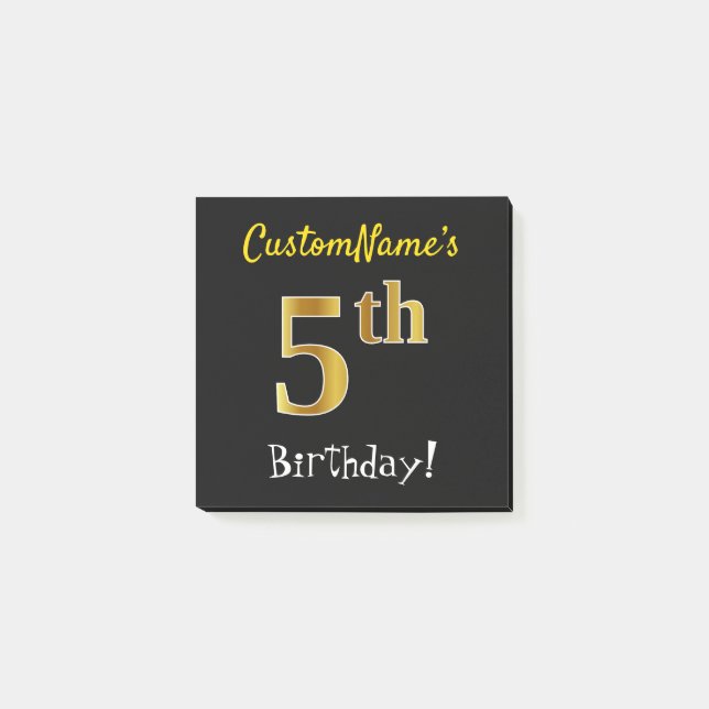 Black, Faux Gold 5th Birthday, With Custom Name Post-it Notes (Front)
