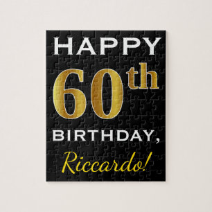 Black, Faux Gold 60th Birthday + Custom Name Jigsaw Puzzle
