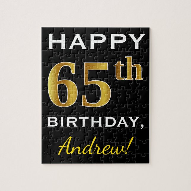Black, Faux Gold 65th Birthday + Custom Name Jigsaw Puzzle (Vertical)