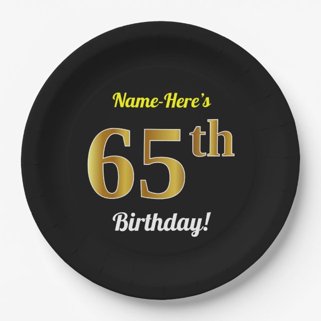Black, Faux Gold 65th Birthday + Custom Name Paper Plate (Front)