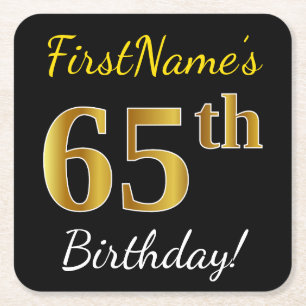 Black, Faux Gold 65th Birthday + Custom Name Square Paper Coaster