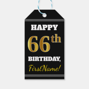 Black, Faux Gold 66th Birthday + Custom Name Gift Tags